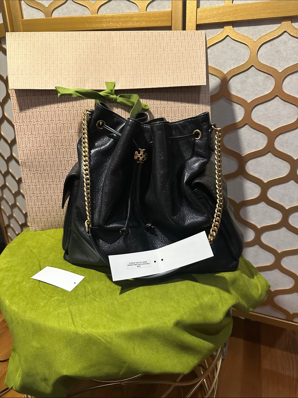 Large Charlie Quiled Tory Burch Black Leather Drawstring Shoulder Bag